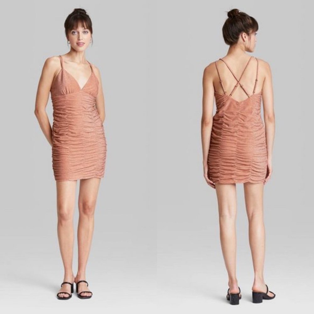 Wild Fable Shimmery Blush Women's Sleeveless Ruched Bodycon Mini Dress L NWOT